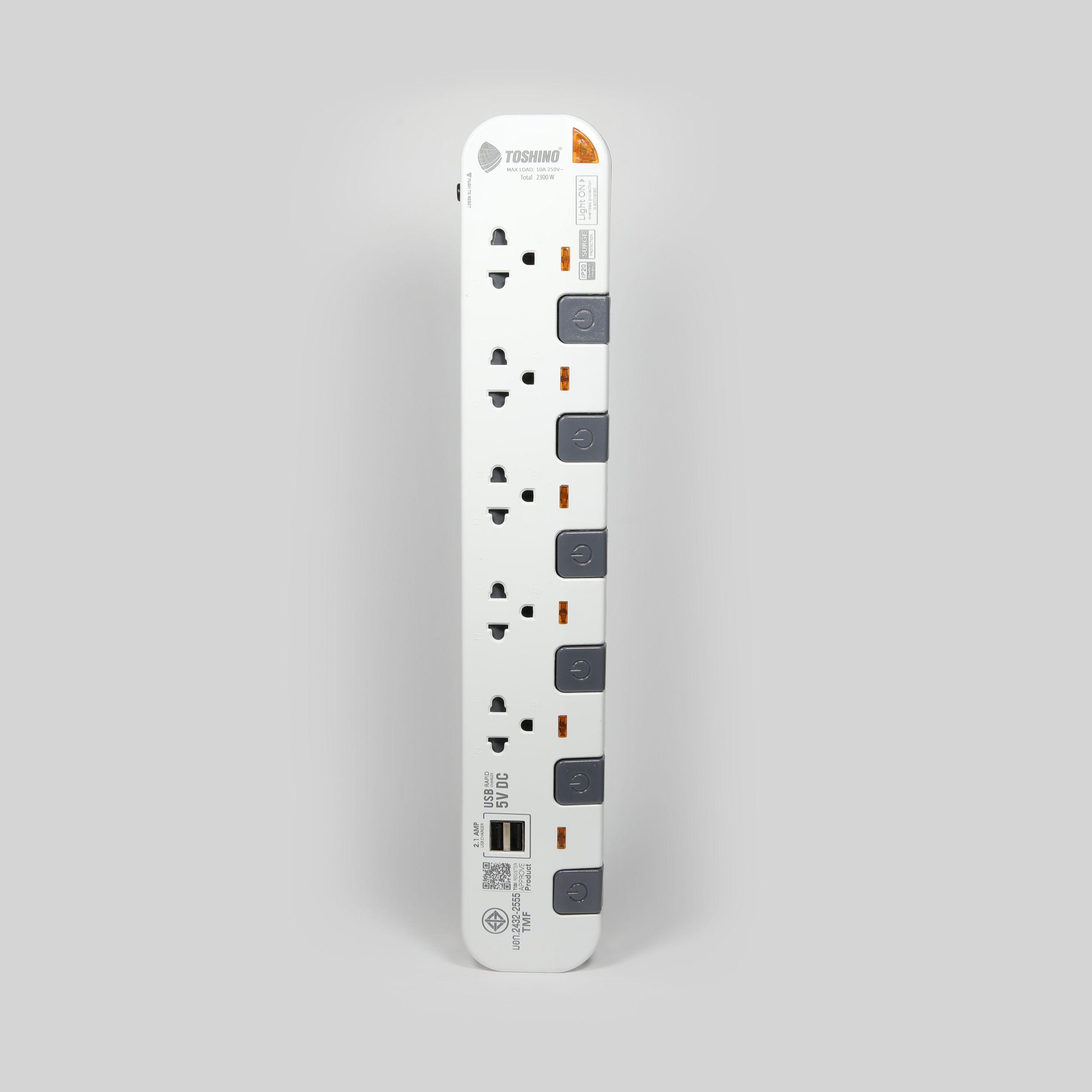 รางปลั๊กไฟ 5 ช่อง 6 สวิตซ์ 2 USB สีขาว-เทา รุ่น P5375USB:  คุ้มค่าและปลอดภัยสำหรับการใช้งานในบ้าน