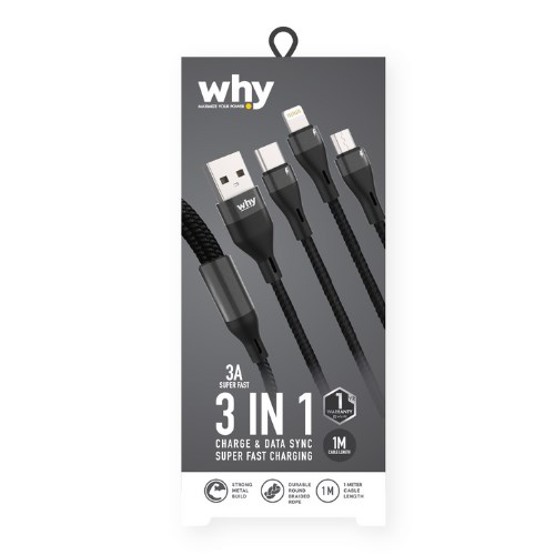 สายชาร์จและถ่ายโอนข้อมูล Why 3in1 รุ่น Trio ชาร์จเร็ว 3A (UC-1251E)