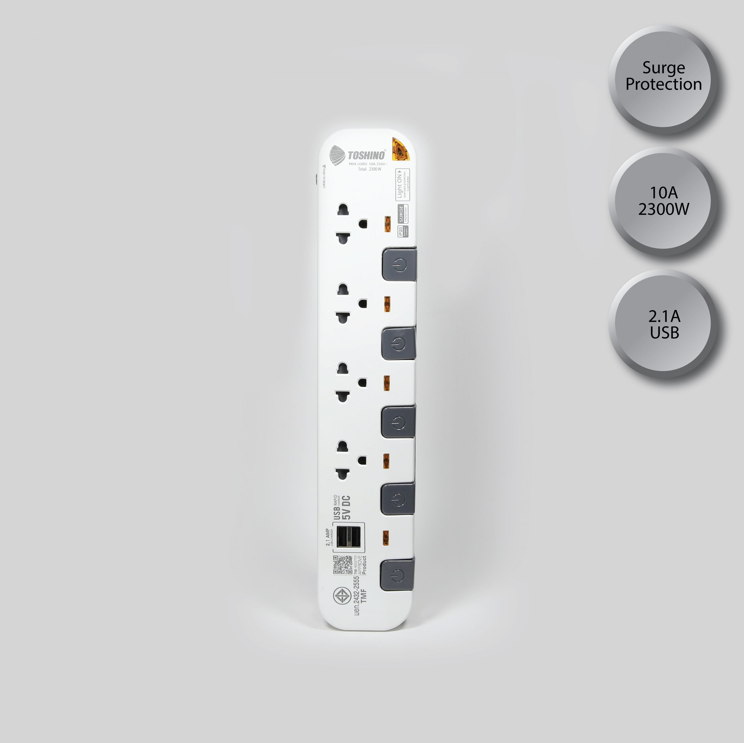 รางปลั๊กไฟ 4 ช่อง 5 สวิตซ์ 2 USB สีขาว-เทา รุ่น P4375USB-WG