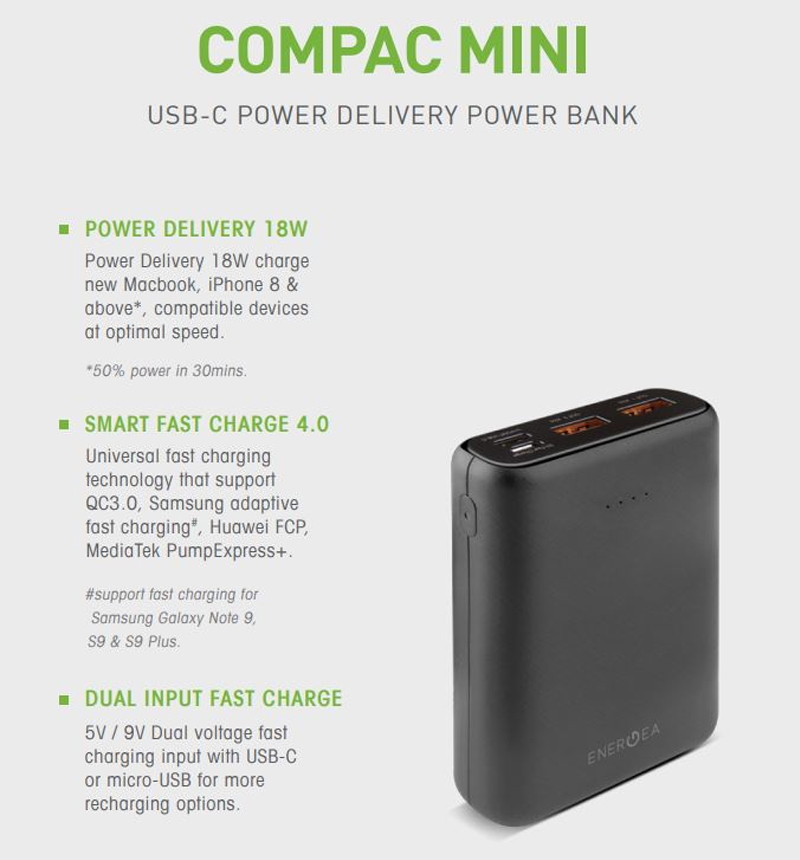 Energea Power Bank Compac PQ1201, 10000mAh PD + SMARTFC4.0